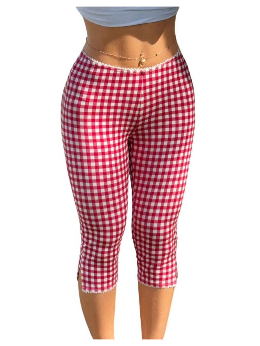 Milumia Red White Plaid Capri Leggings Low Waist Split Hem Y2K Pants